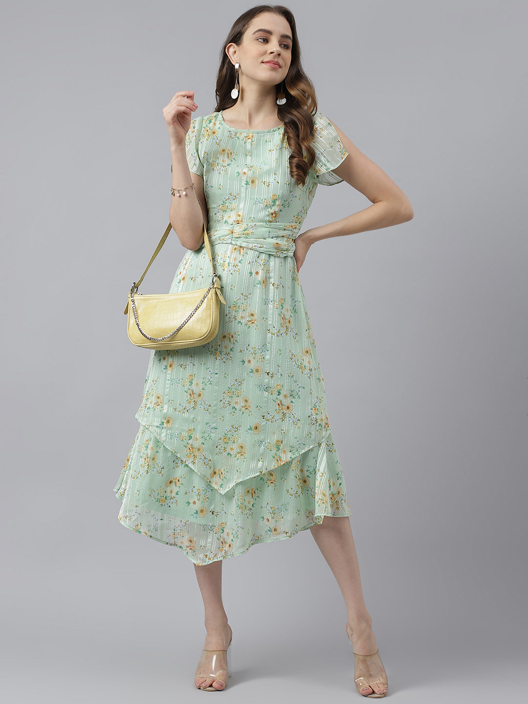 Green Floral Printed Cap Sleeve With Round Neck Asymmetric Dress