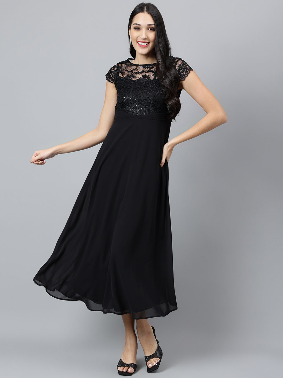 Black Solid Cap Sleeve Party Sequin Dress