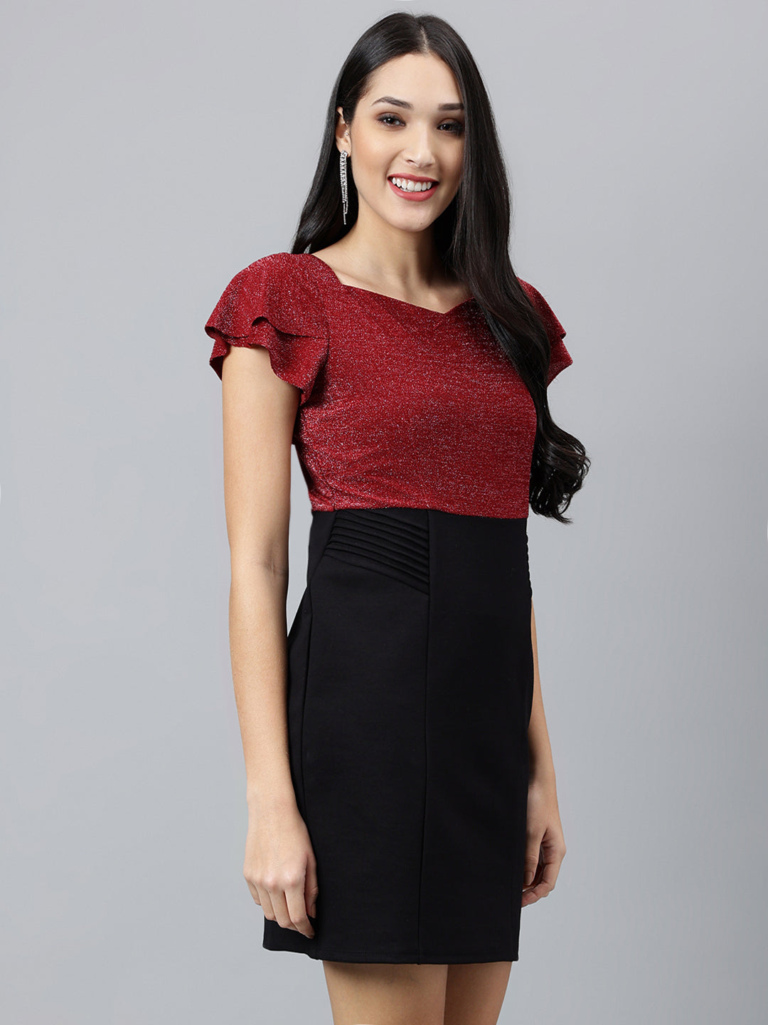Red Solid Half Sleeve Party Dress