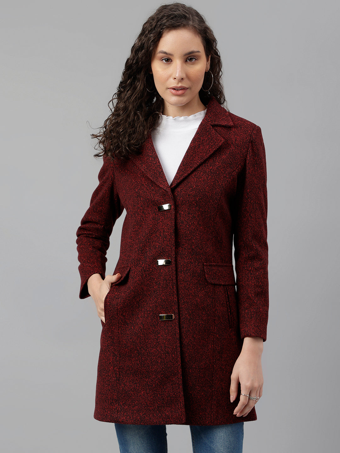 Buy online Solid Red Over Coat from blazers and coats for Women by