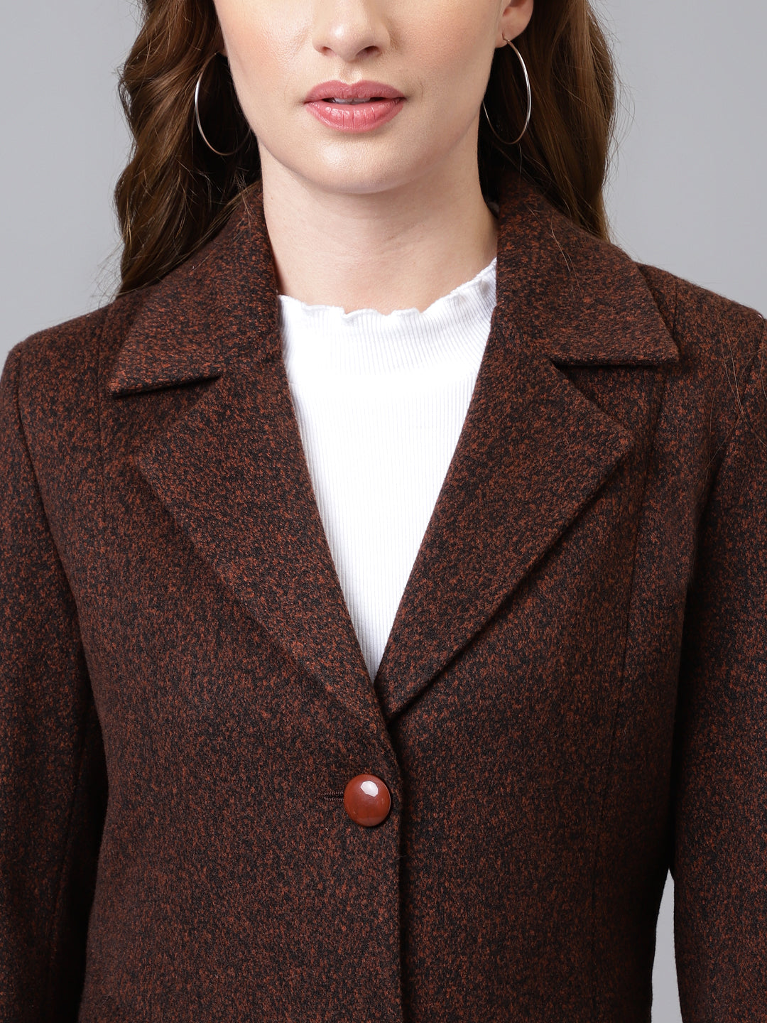 Brown Full Sleeve Solid Normal Over Coat Jacket