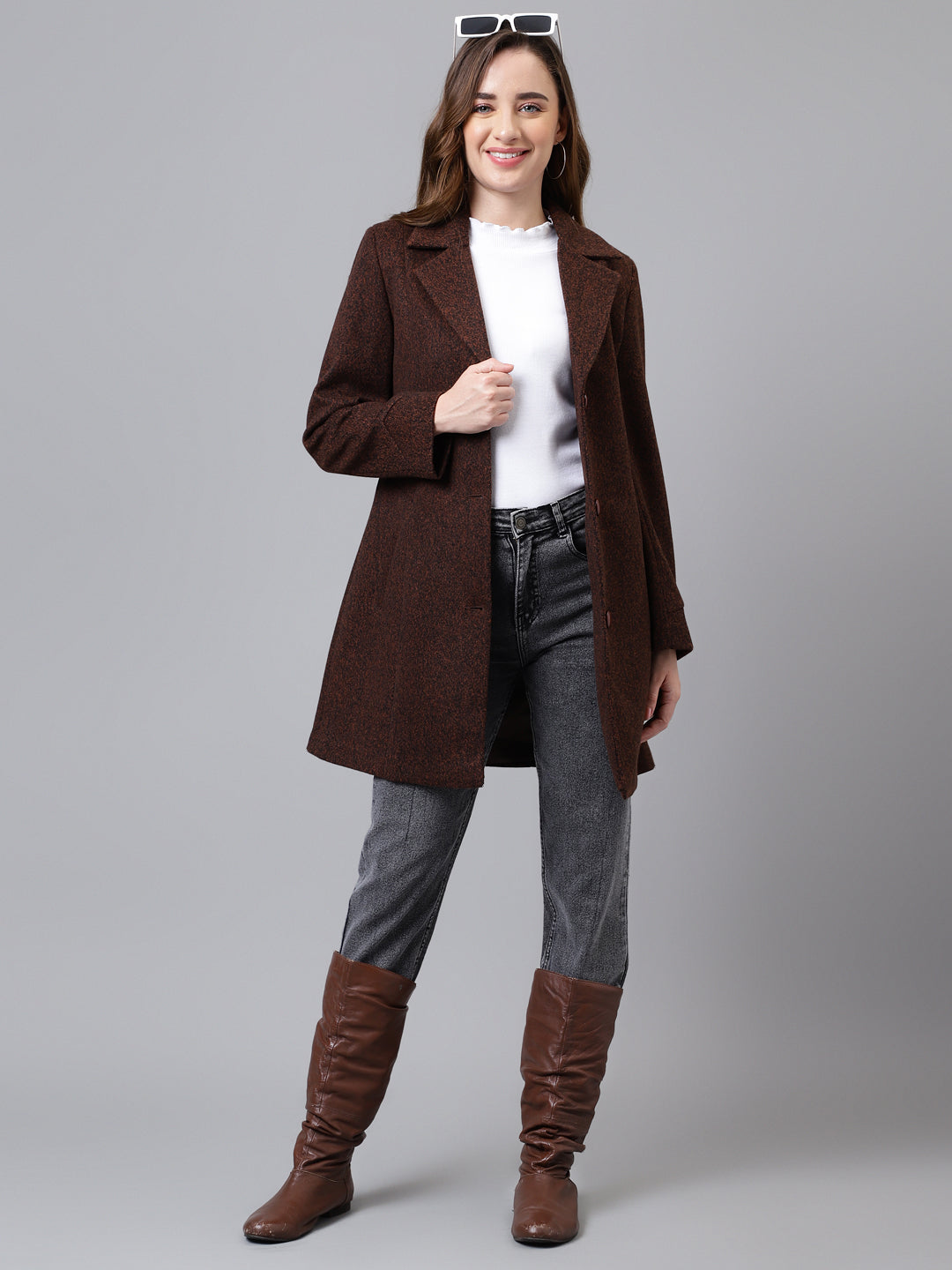 Brown Full Sleeve Solid Normal Over Coat Jacket