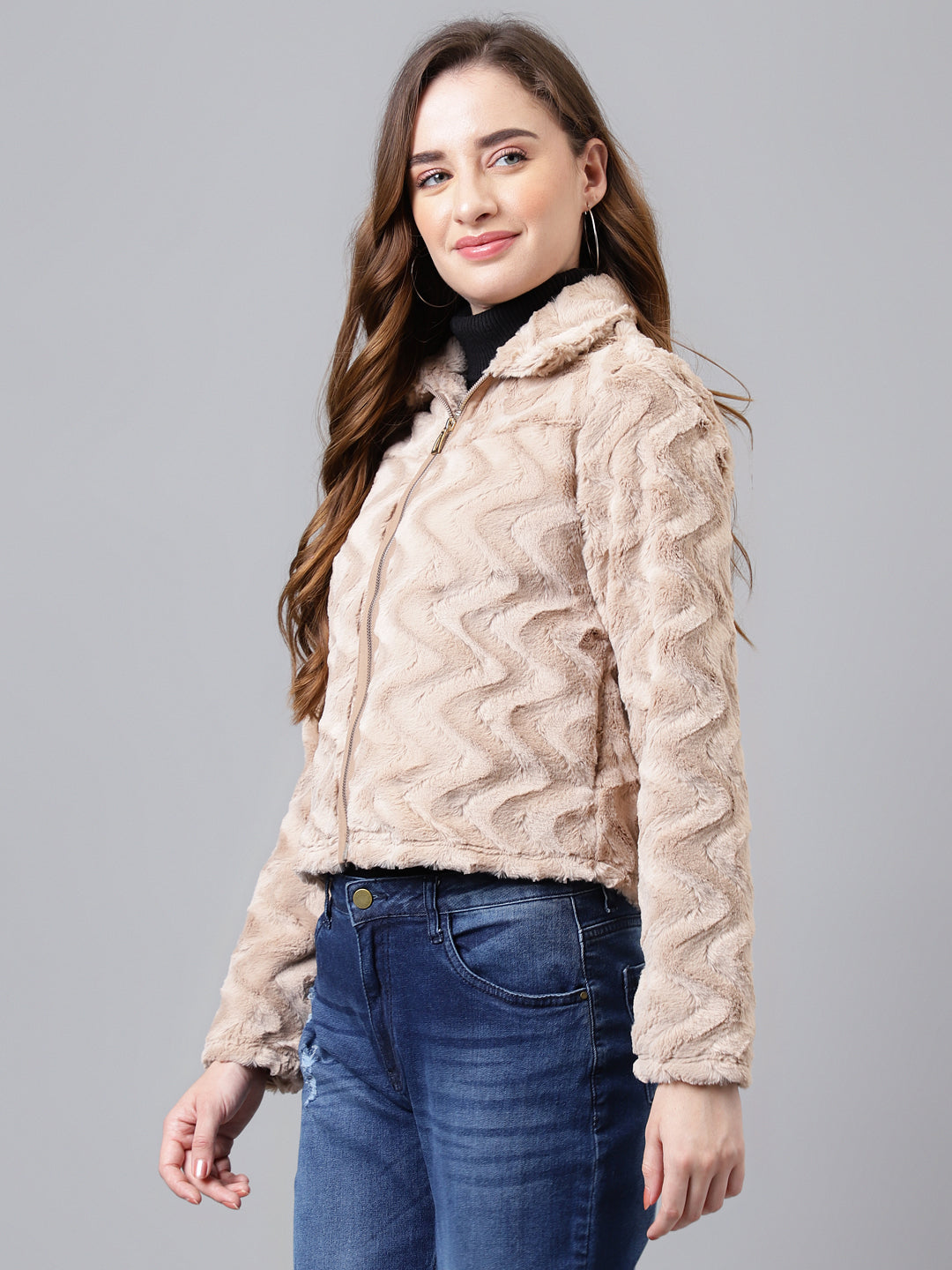 Latin Quarters Women Beige Collar Neck Full Sleeve Solid Jacket