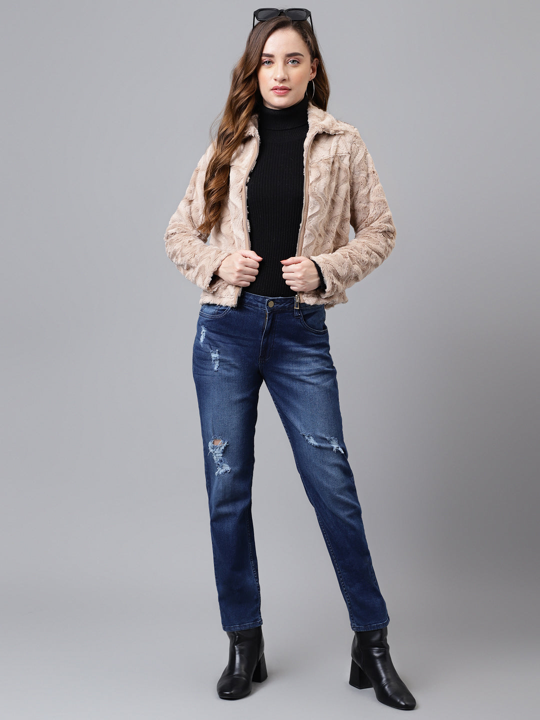 Latin Quarters Women Beige Collar Neck Full Sleeve Solid Jacket