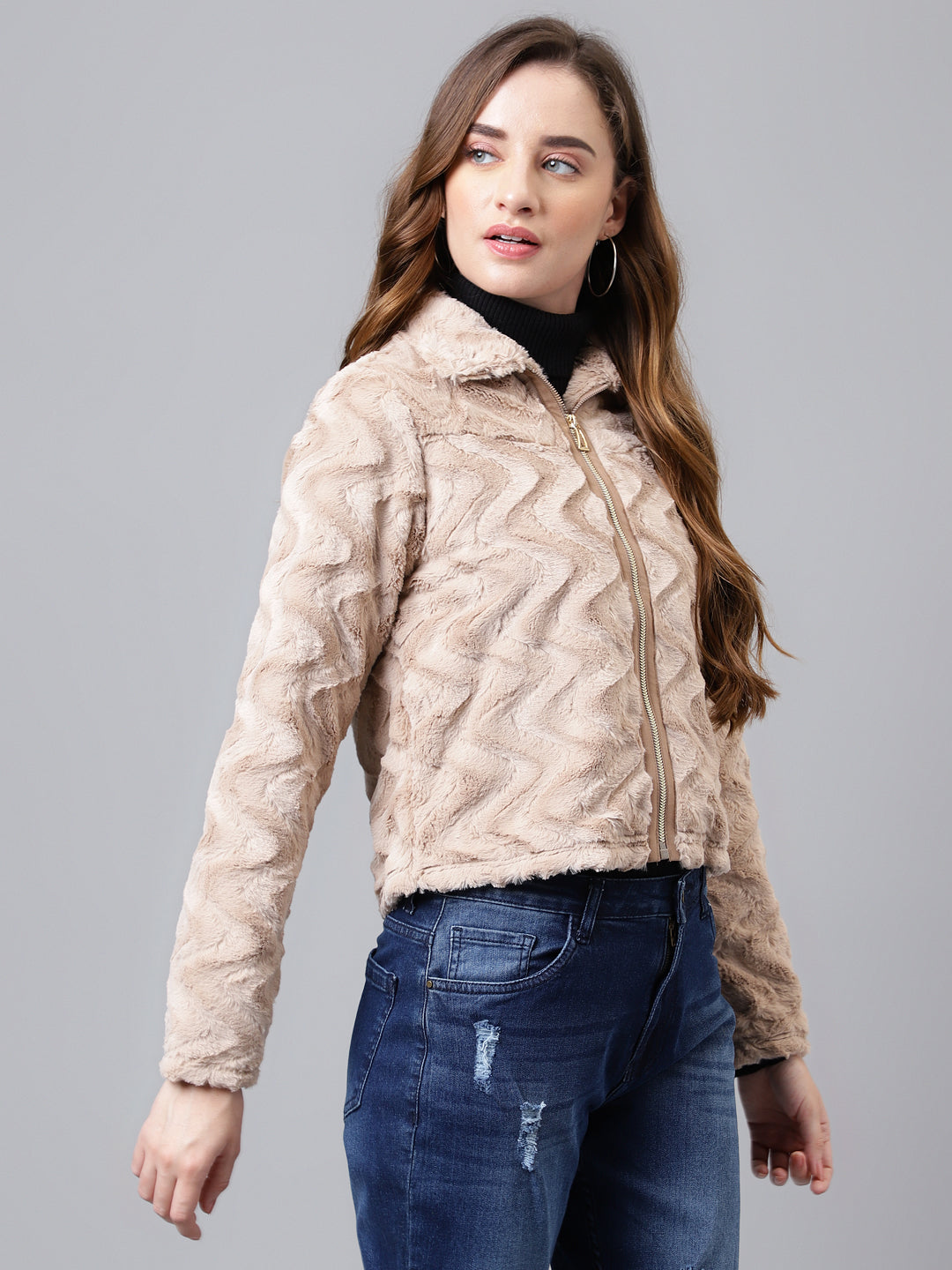 Latin Quarters Women Beige Collar Neck Full Sleeve Solid Jacket