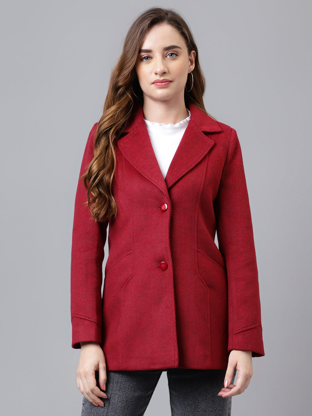 Red Full Sleeve Collar Neck Solid Women Over Coat Jacket