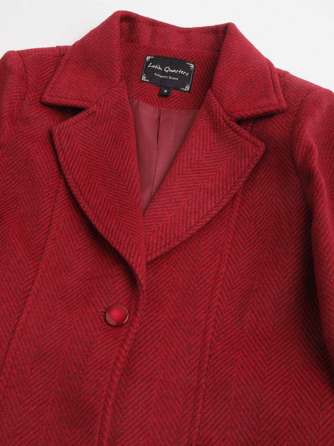 Red Full Sleeve Collar Neck Solid Women Over Coat Jacket