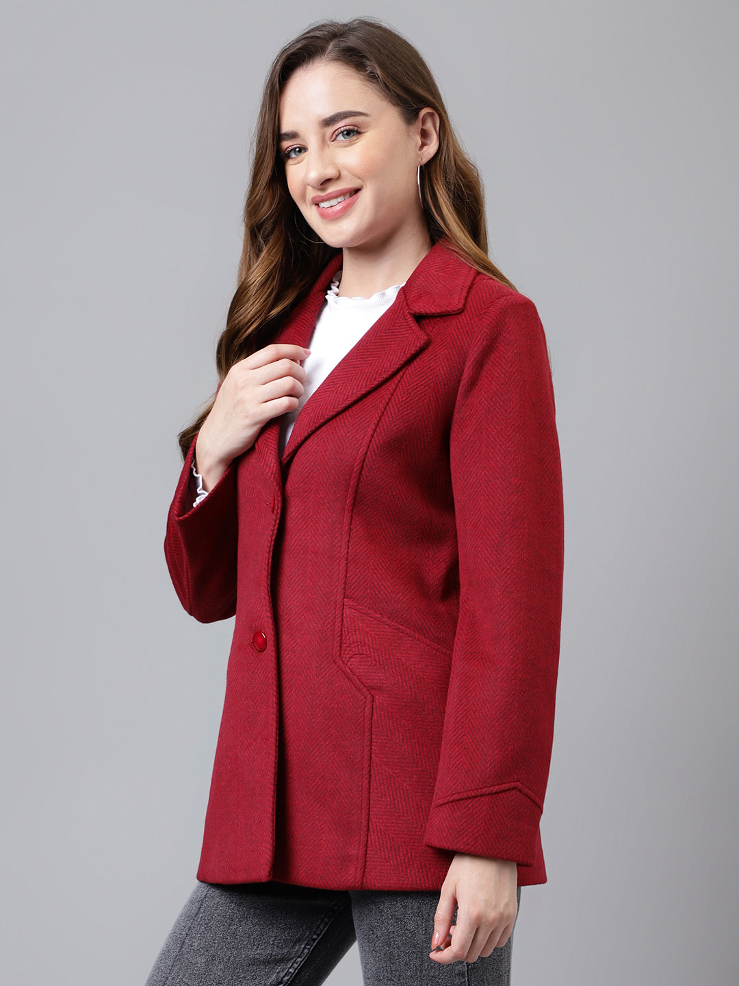 Red Full Sleeve Collar Neck Solid Women Over Coat Jacket