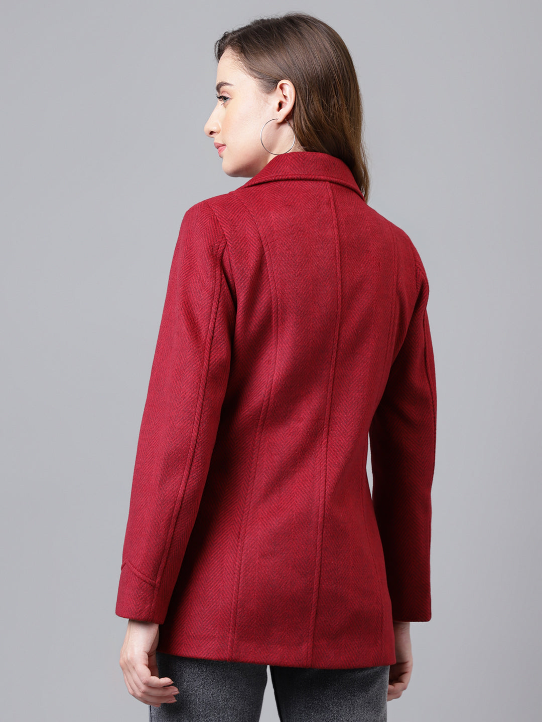 Red Full Sleeve Collar Neck Solid Women Over Coat Jacket