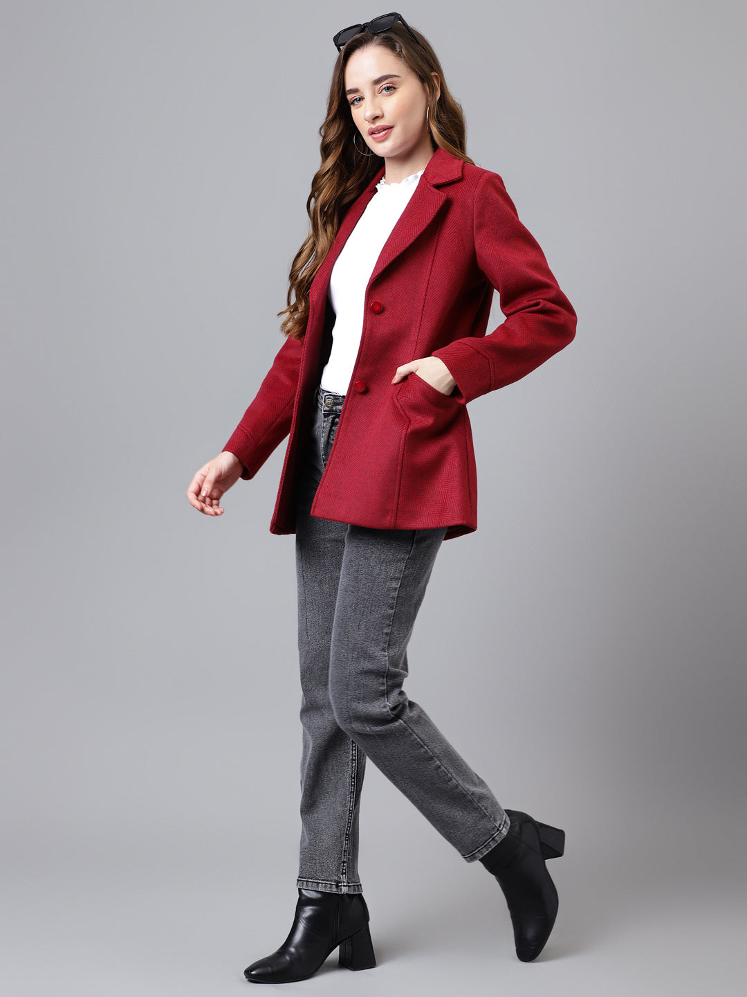 Red Full Sleeve Collar Neck Solid Women Over Coat Jacket
