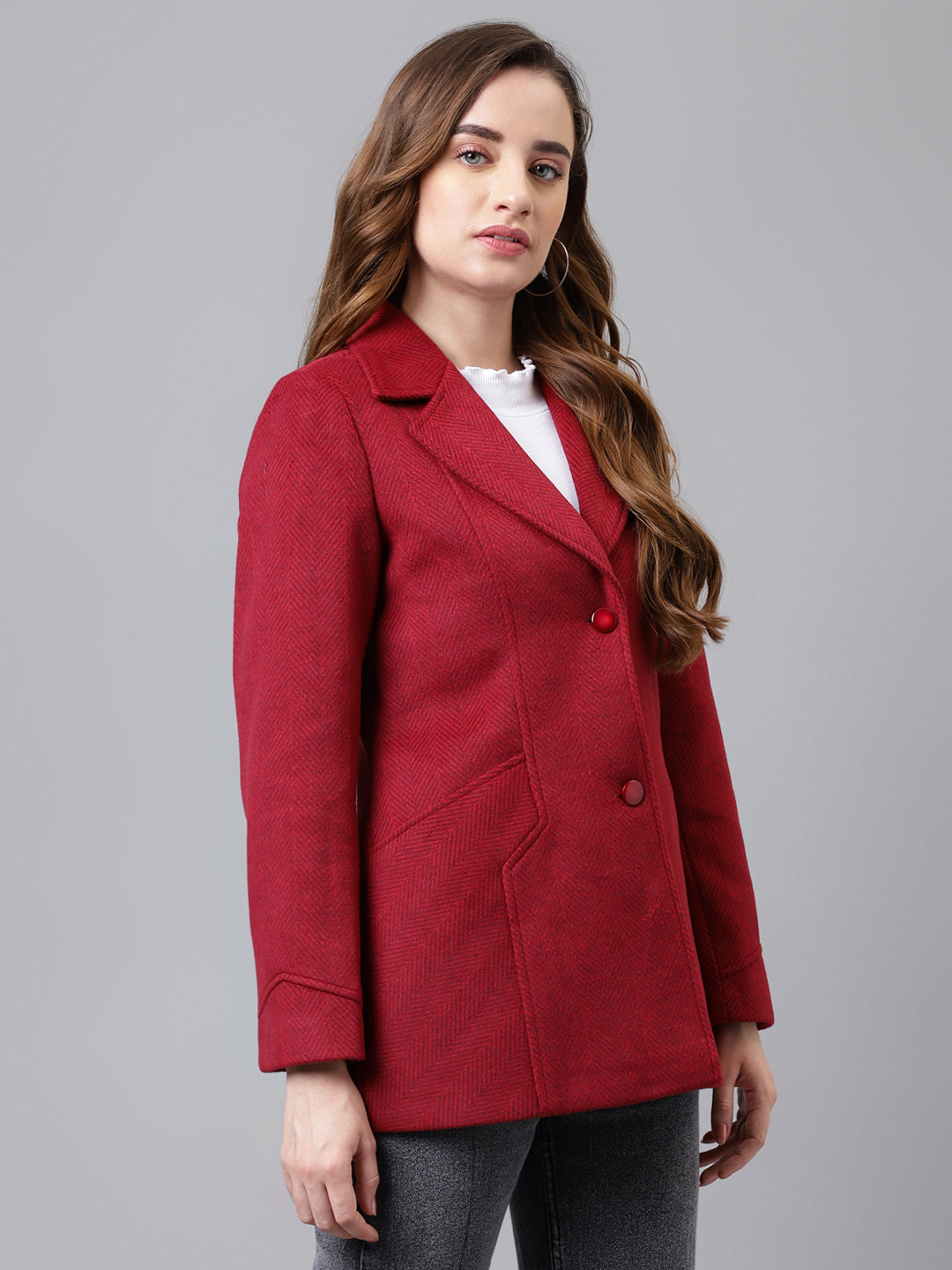 Red Full Sleeve Collar Neck Solid Women Over Coat Jacket