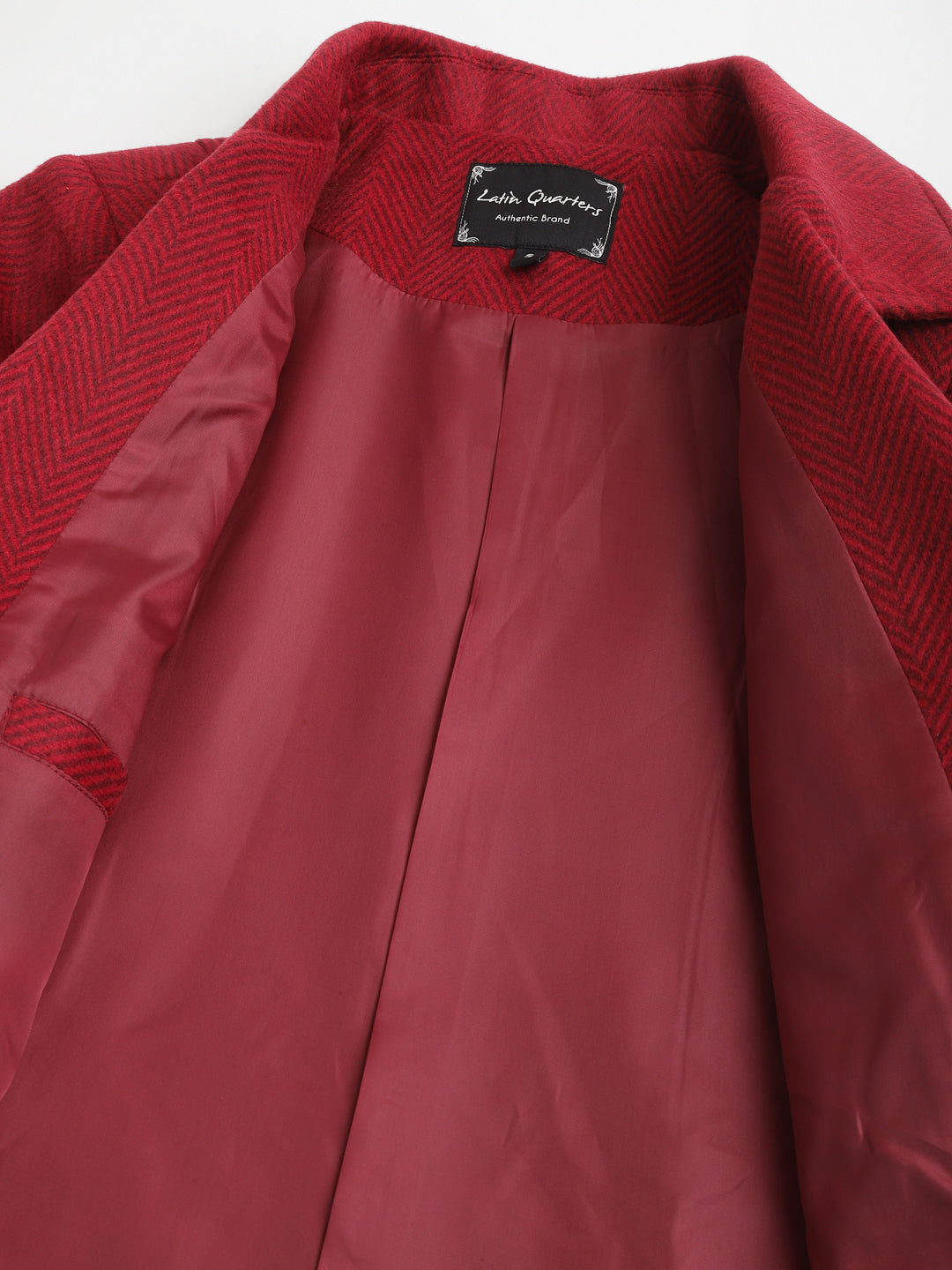 Red Full Sleeve Collar Neck Solid Women Over Coat Jacket
