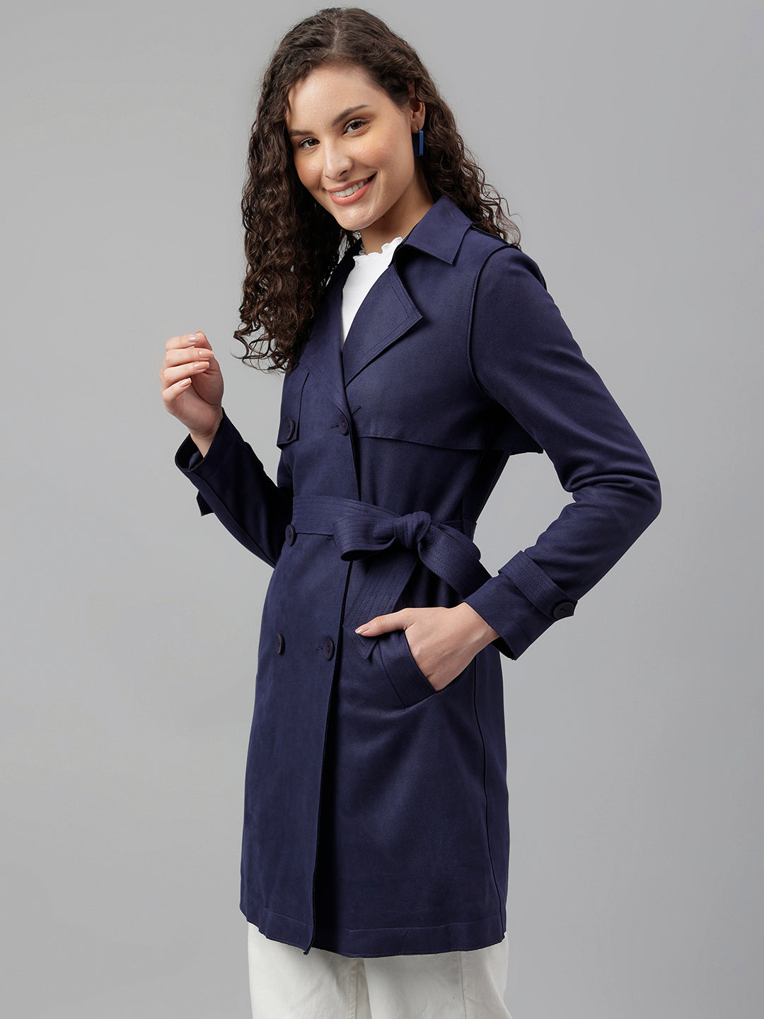 Blue Navy Full Sleeve Classic Fit Polyester Stretch Trench Coat