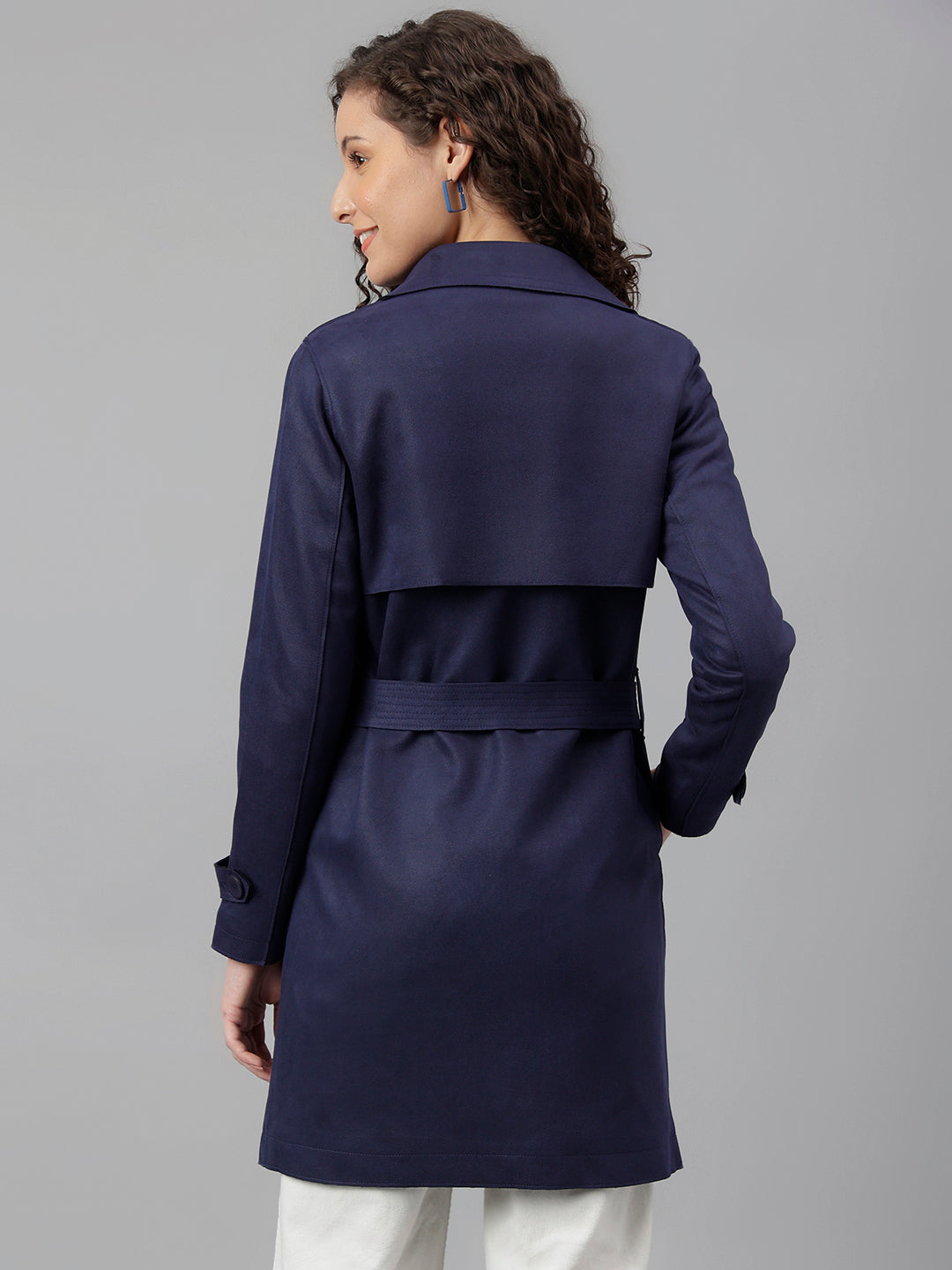 Blue Navy Full Sleeve Classic Fit Polyester Stretch Trench Coat