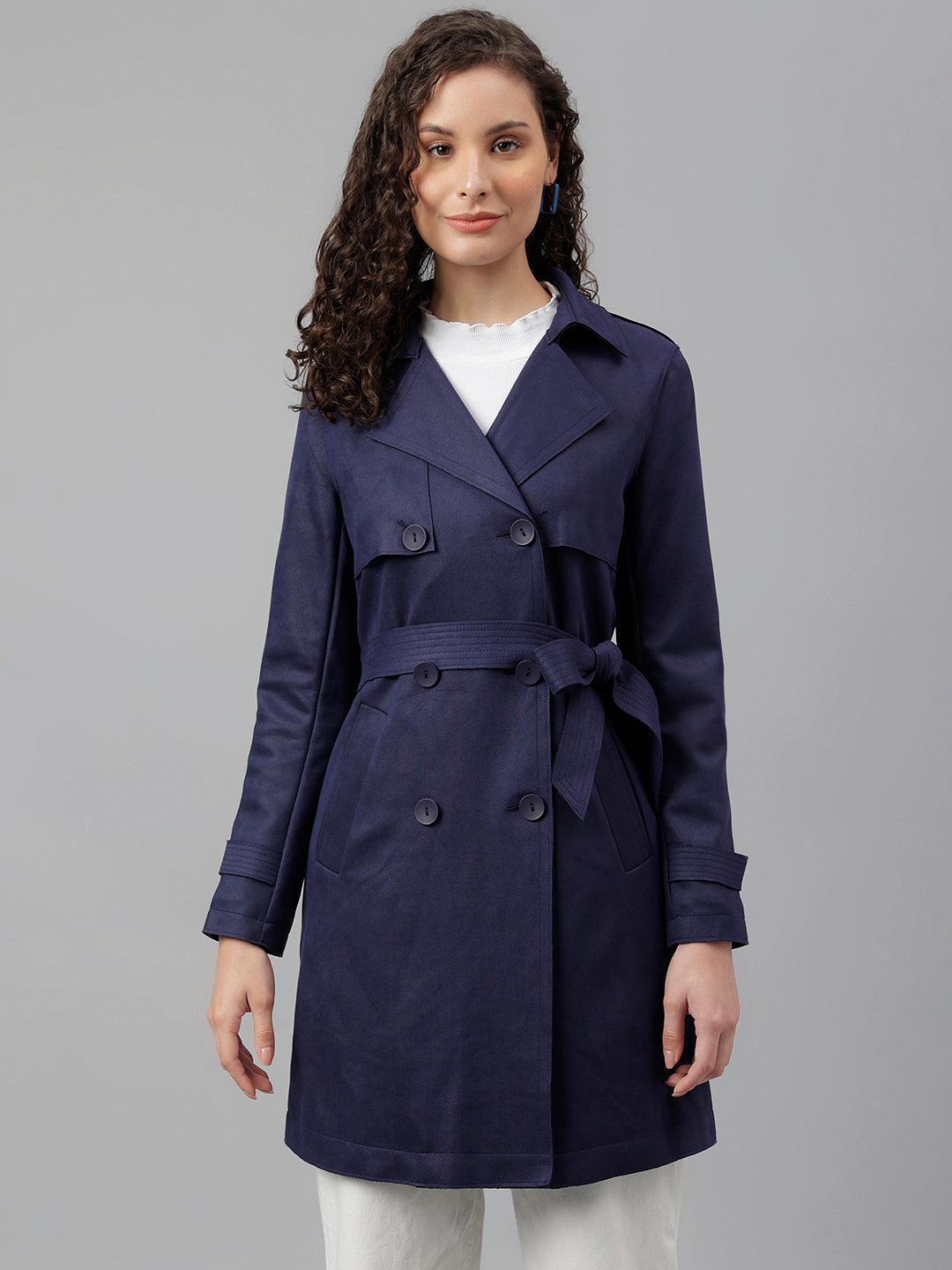 Blue Navy Full Sleeve Classic Fit Polyester Stretch Trench Coat