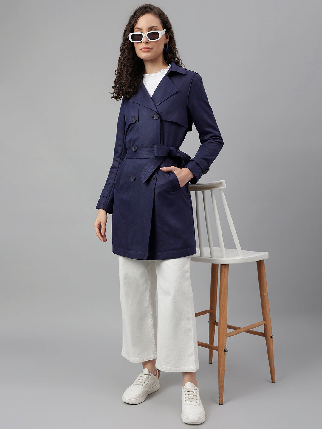 Blue Navy Full Sleeve Classic Fit Polyester Stretch Trench Coat