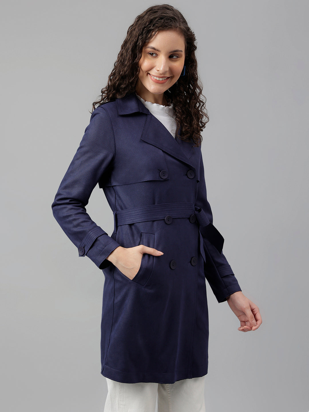 Blue Navy Full Sleeve Classic Fit Polyester Stretch Trench Coat