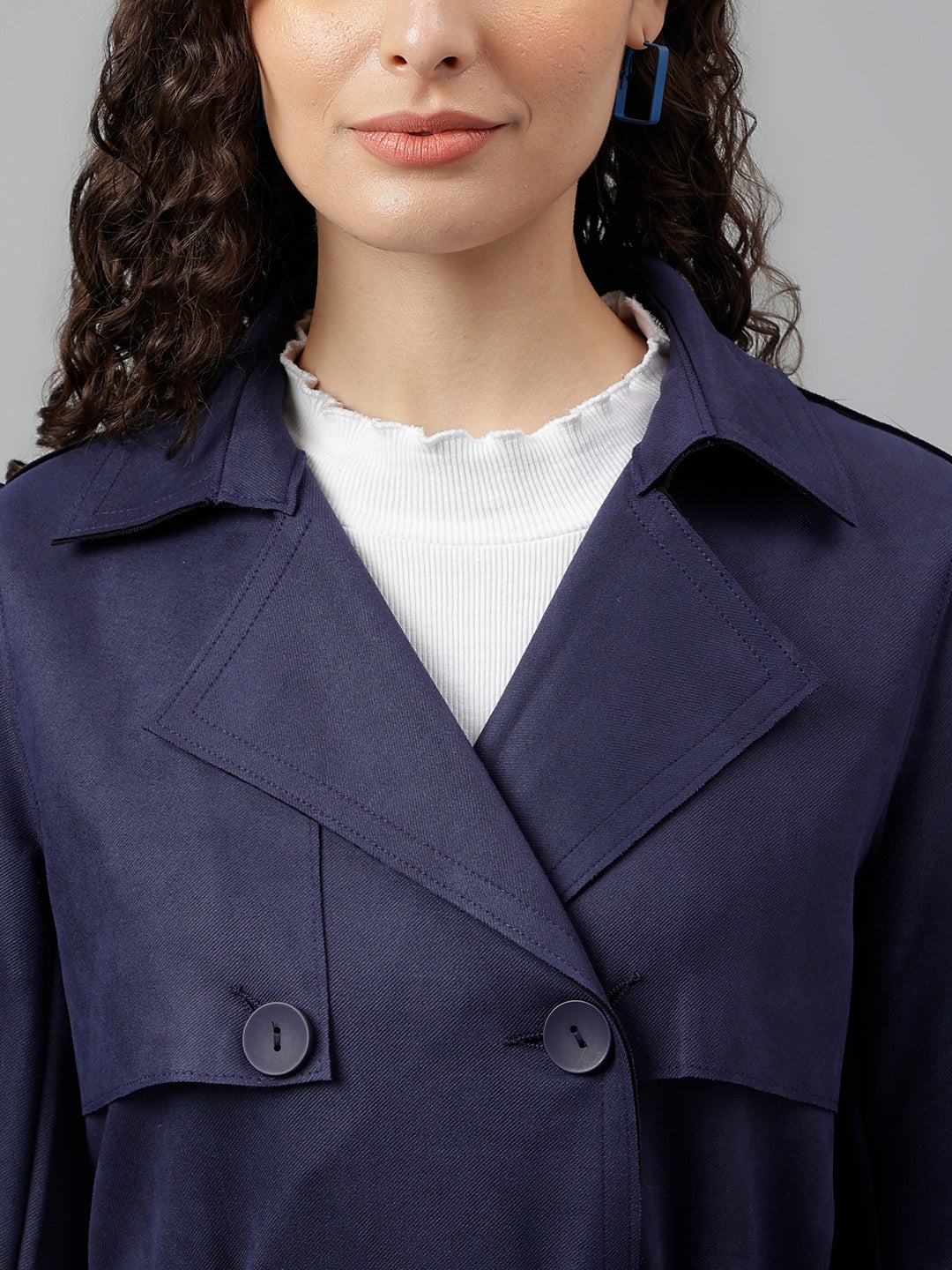 Blue Navy Full Sleeve Classic Fit Polyester Stretch Trench Coat
