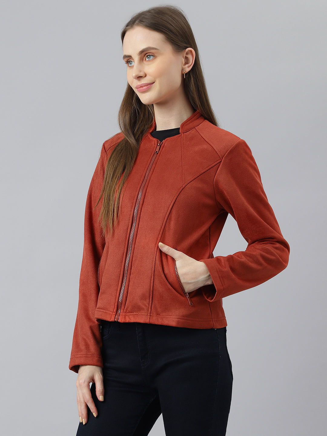 Red Full Sleeve Round Neck Solid Women Straight Jacket for Casual