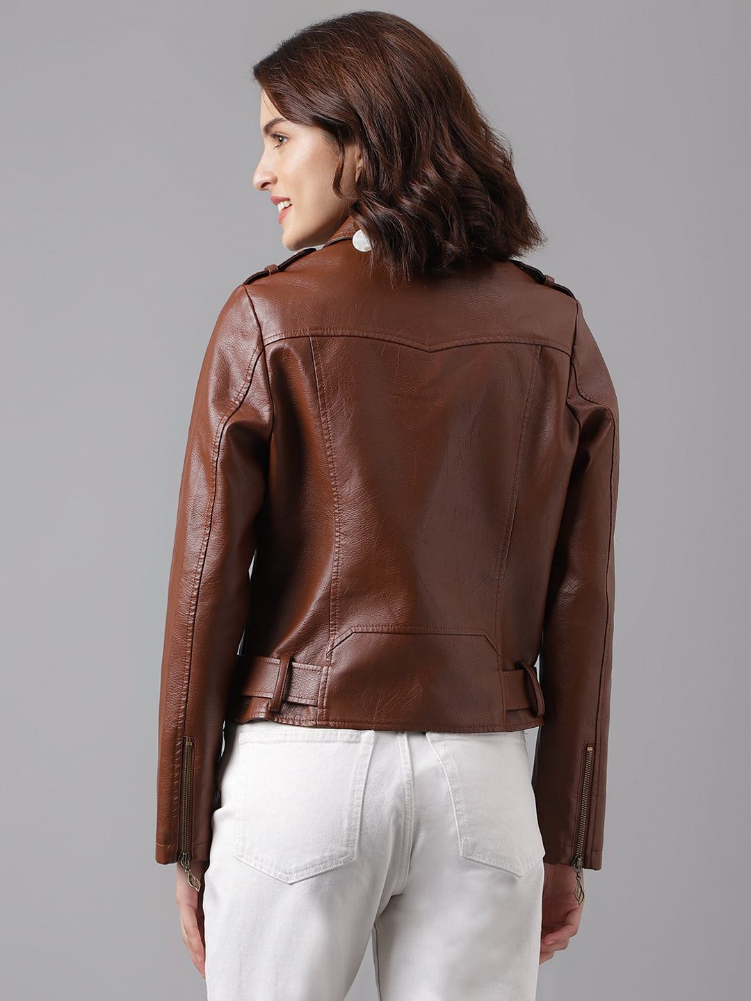 Brown Full Sleeve Classic Fit 100% Pu Jacket With Zip
