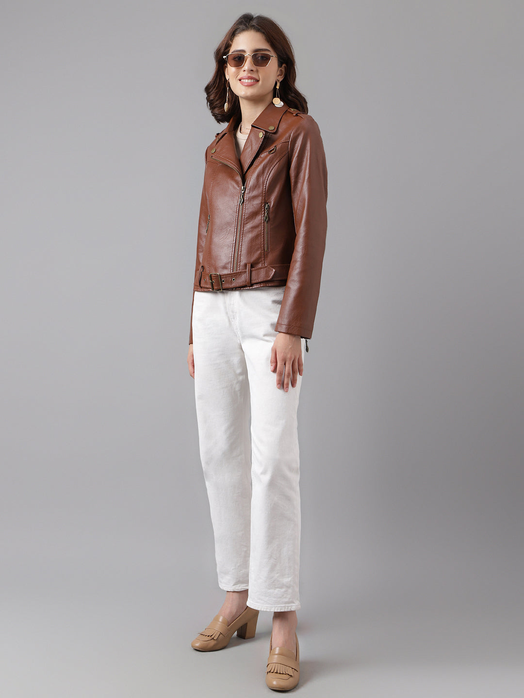 Brown Full Sleeve Classic Fit 100% Pu Jacket With Zip