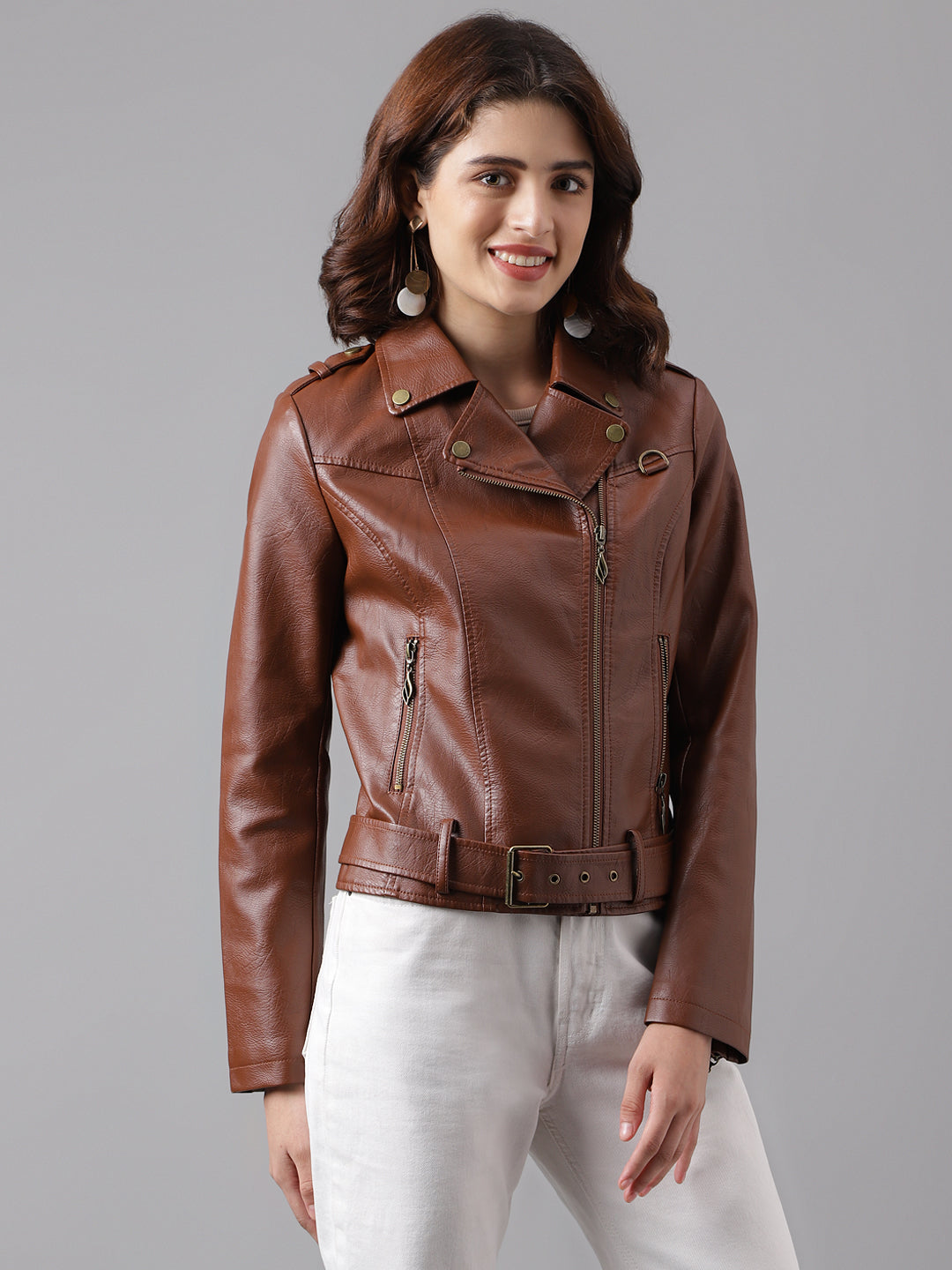 Brown Full Sleeve Classic Fit 100% Pu Jacket With Zip