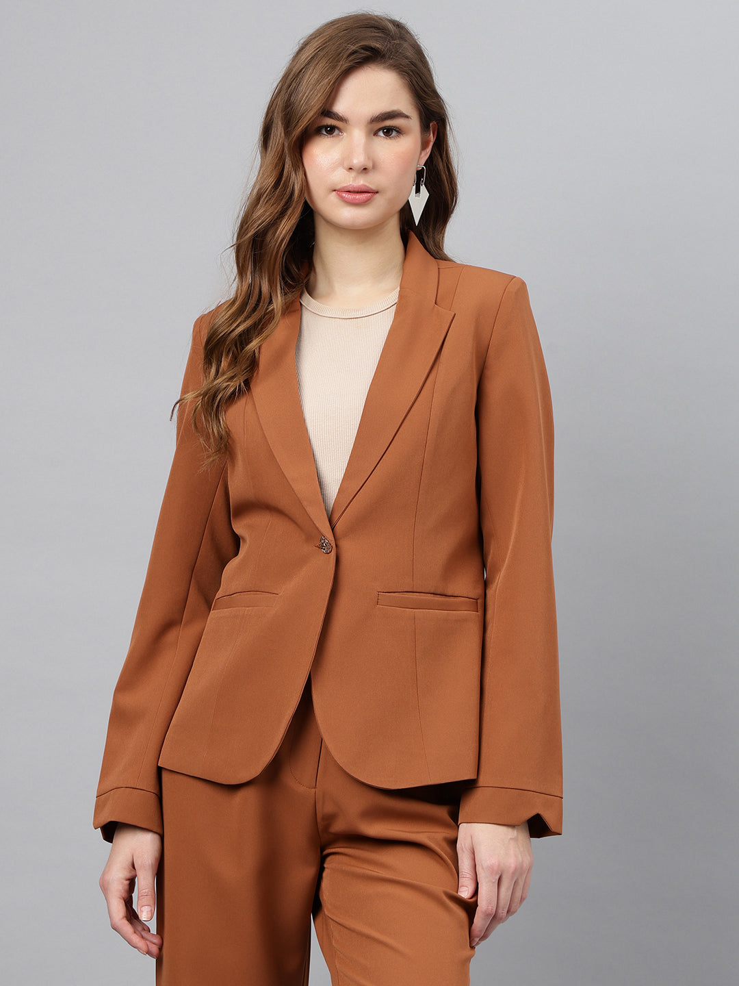Brown Spread Collar Long Sleeves Solid Jacket For Casual Wear