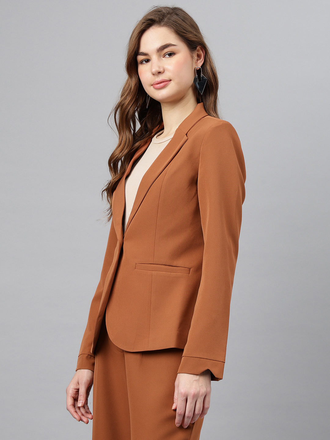 Brown Spread Collar Long Sleeves Solid Jacket For Casual Wear