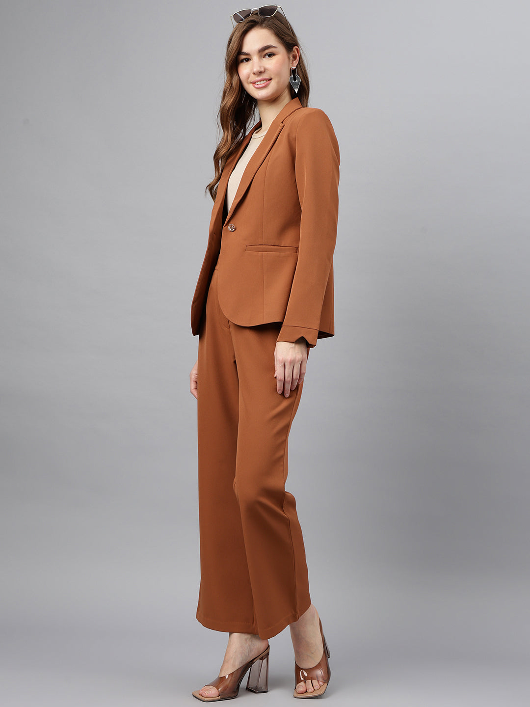 Brown Spread Collar Long Sleeves Solid Jacket For Casual Wear
