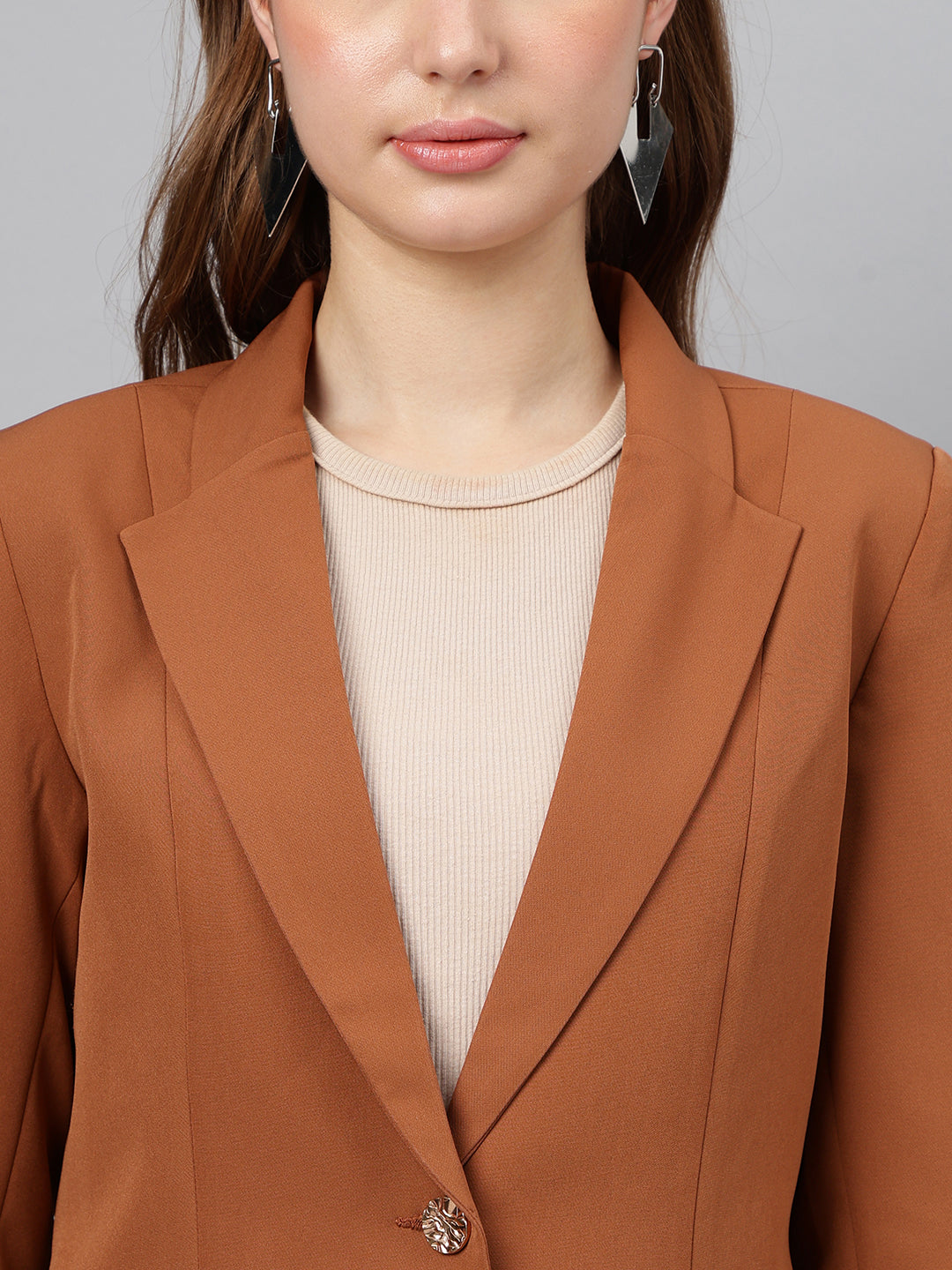 Brown Spread Collar Long Sleeves Solid Jacket For Casual Wear