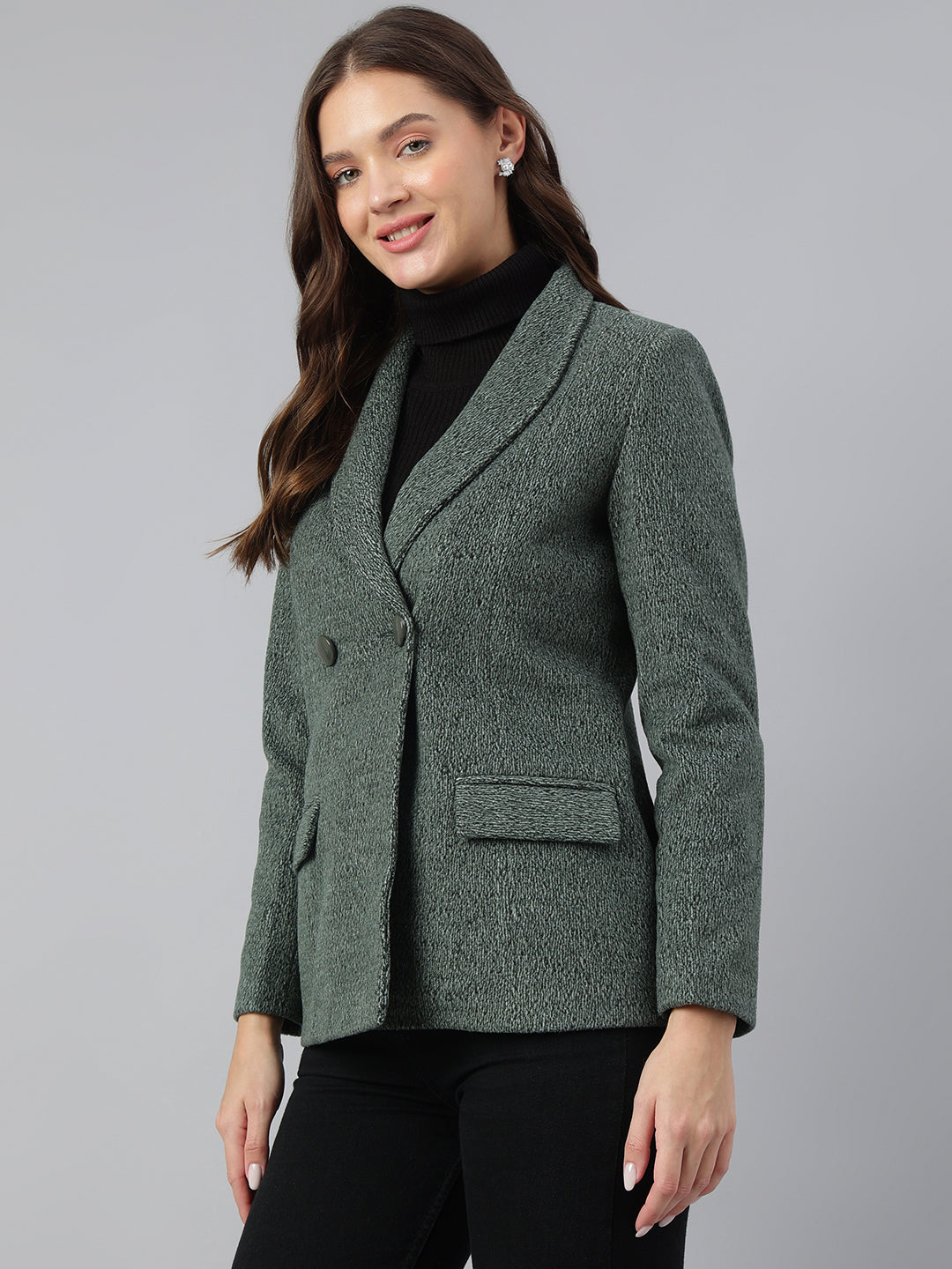 Green Full Sleeve Collar Solid Casual Jacket