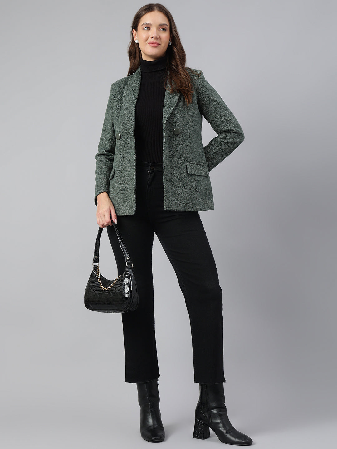 Green Full Sleeve Collar Solid Casual Jacket