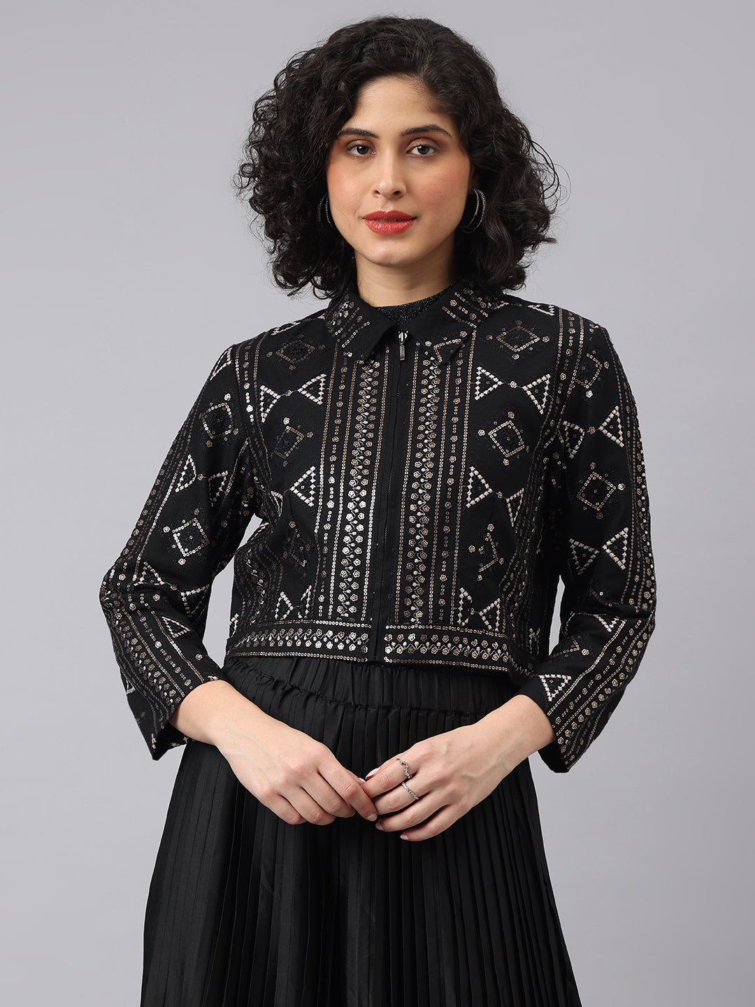 Elegant Black Full Sleeve Mandarin Embellished Party Jacket For Glamorous Nights