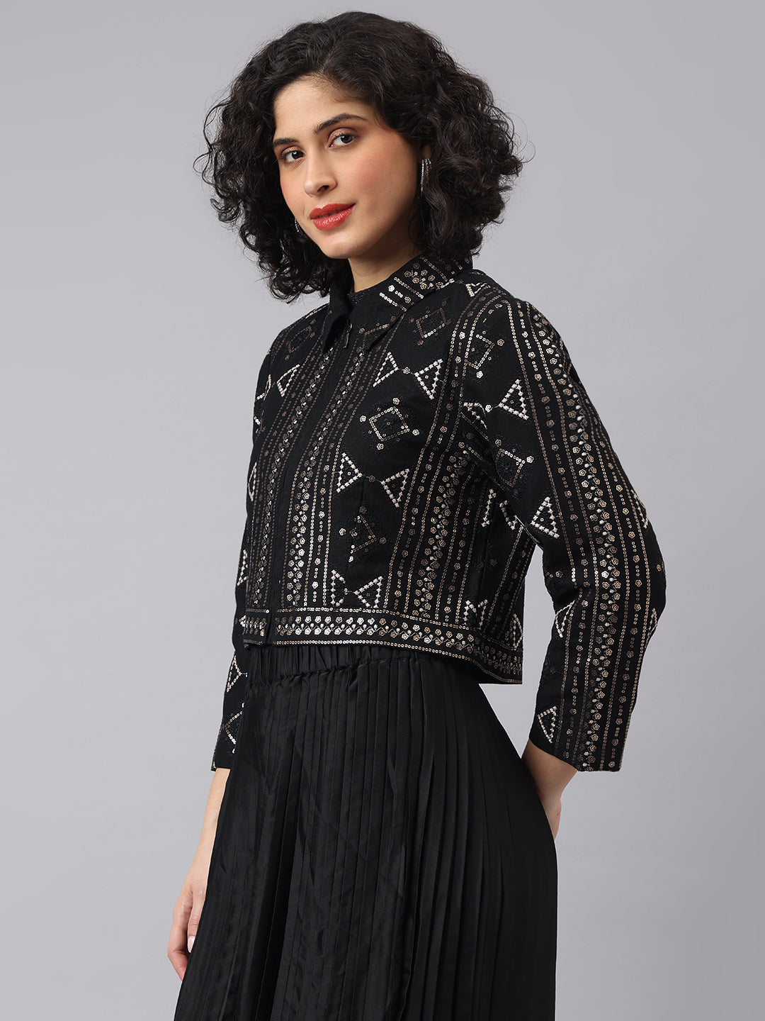 Elegant Black Full Sleeve Mandarin Embellished Party Jacket For Glamorous Nights