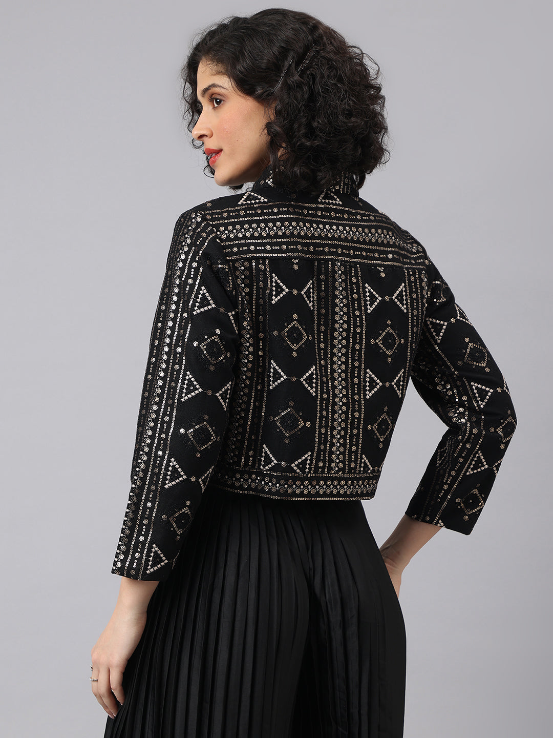 Elegant Black Full Sleeve Mandarin Embellished Party Jacket For Glamorous Nights