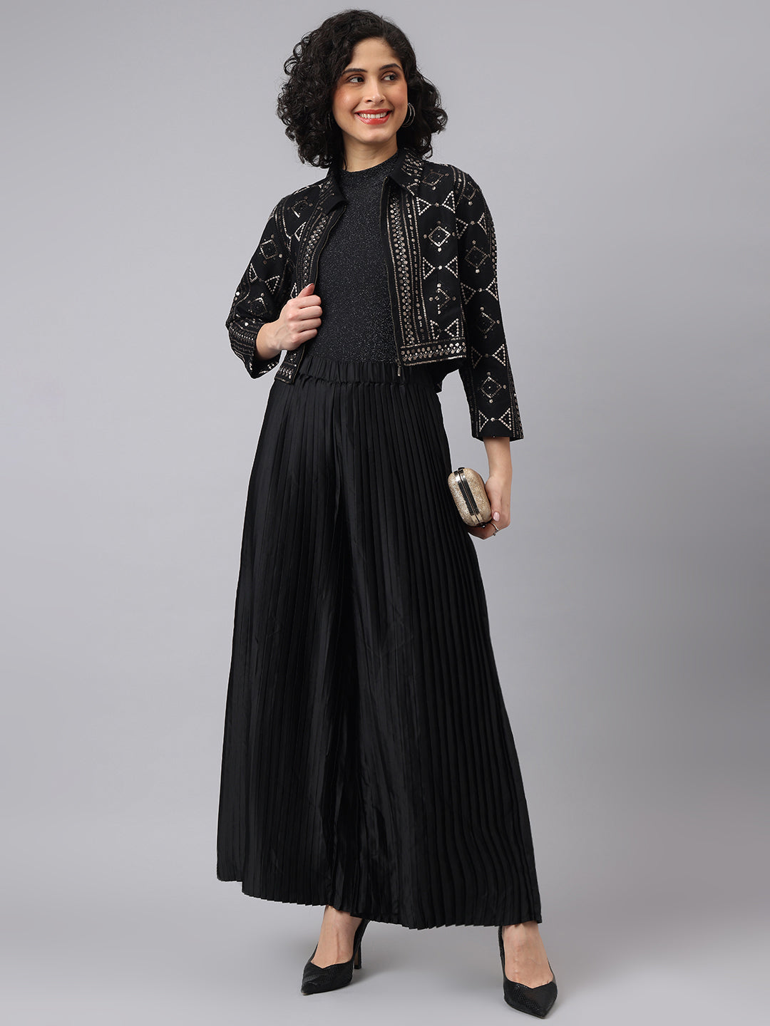 Elegant Black Full Sleeve Mandarin Embellished Party Jacket For Glamorous Nights