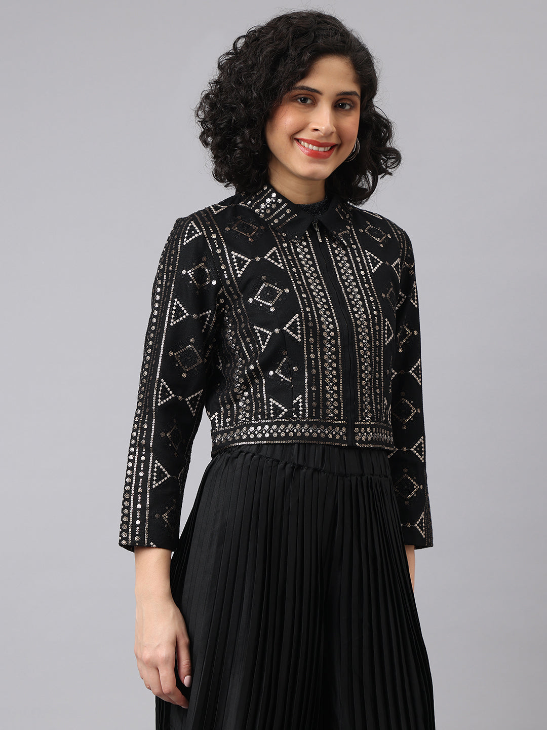 Elegant Black Full Sleeve Mandarin Embellished Party Jacket For Glamorous Nights