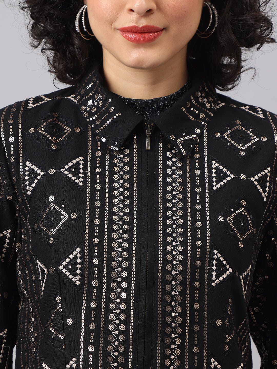 Elegant Black Full Sleeve Mandarin Embellished Party Jacket For Glamorous Nights