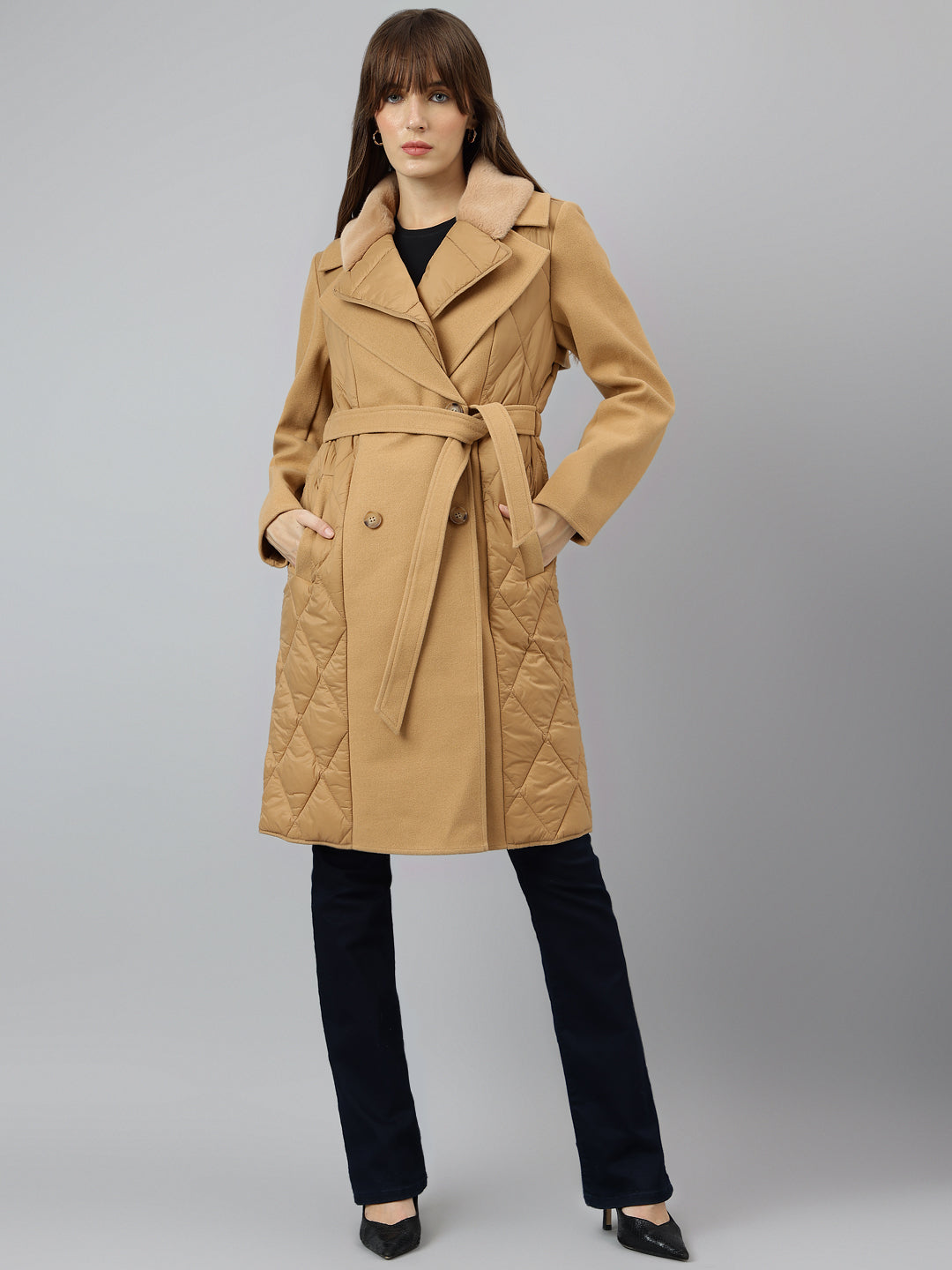 Beige Full Sleeve Collar Solid Casual Coat