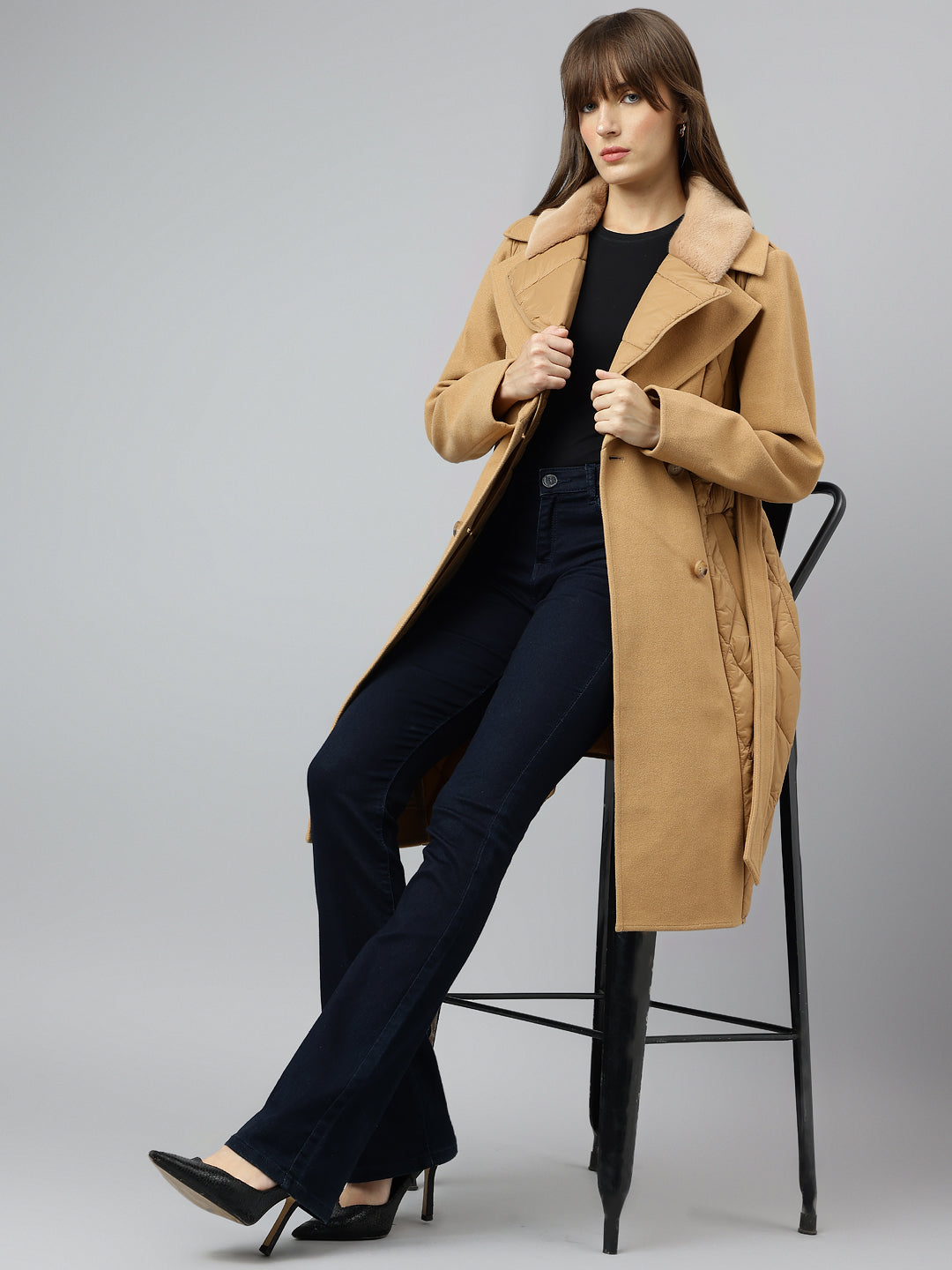 Beige Full Sleeve Collar Solid Casual Coat