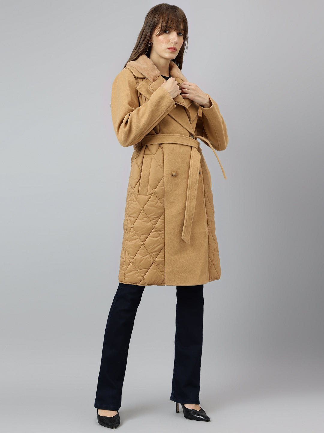 Beige Full Sleeve Collar Solid Casual Coat