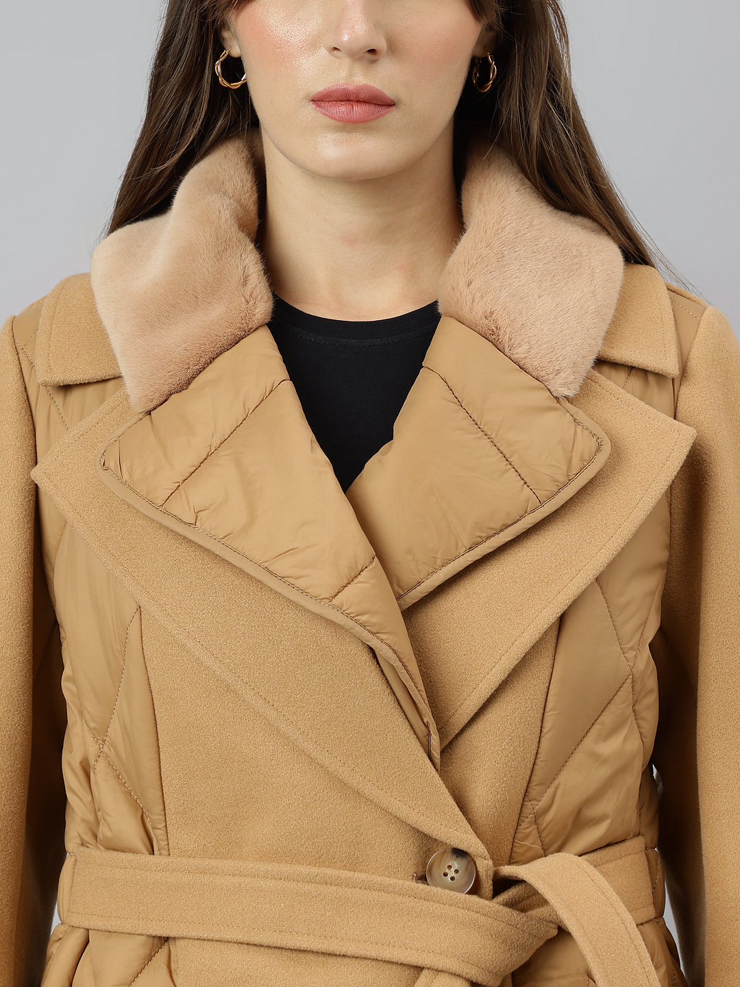 Beige Full Sleeve Collar Solid Casual Coat