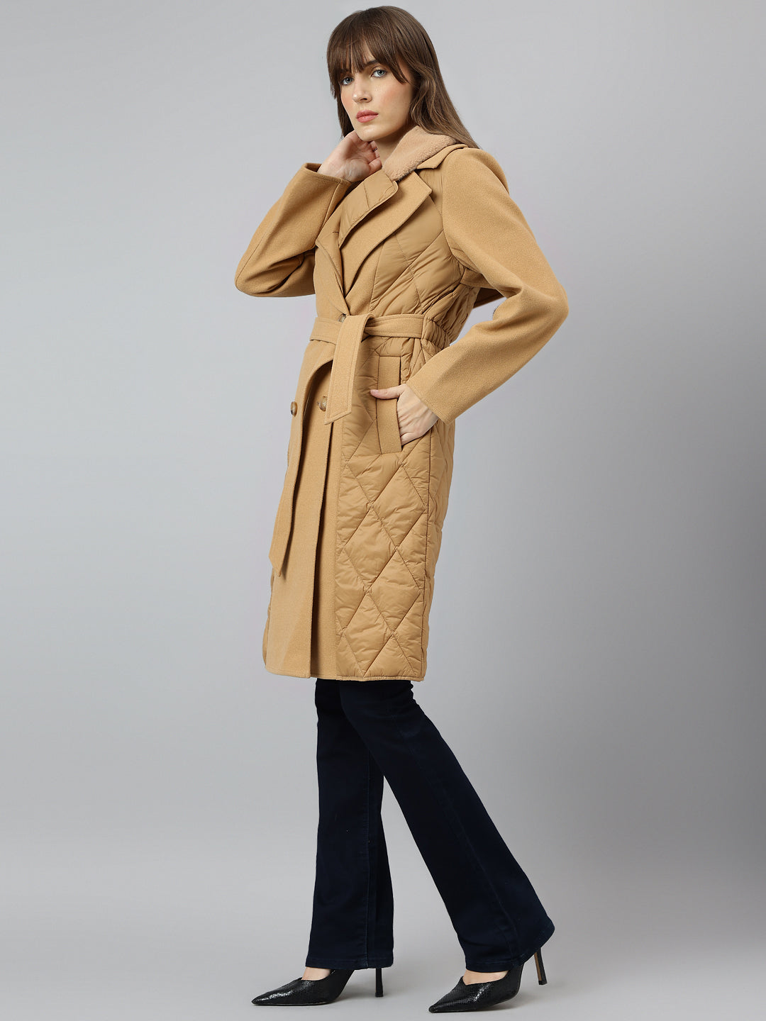 Beige Full Sleeve Collar Solid Casual Coat