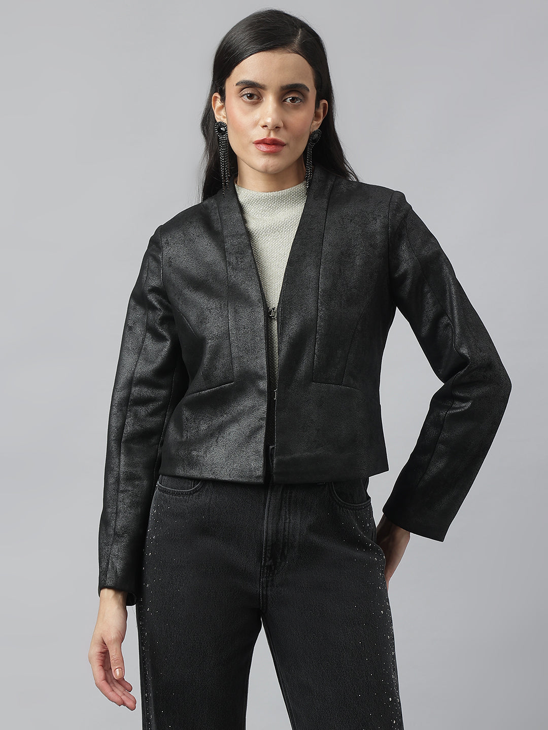 Black Full Sleeve V-Neck Solid Crop Jacket For Casual Wear