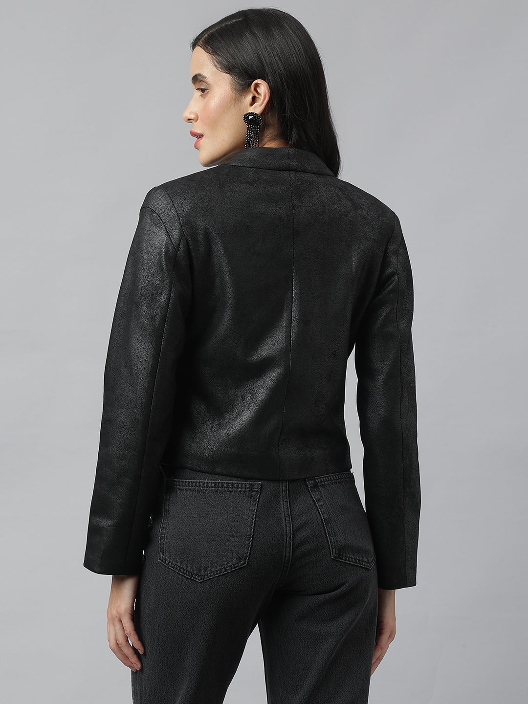 Black Full Sleeve V-Neck Solid Crop Jacket For Casual Wear