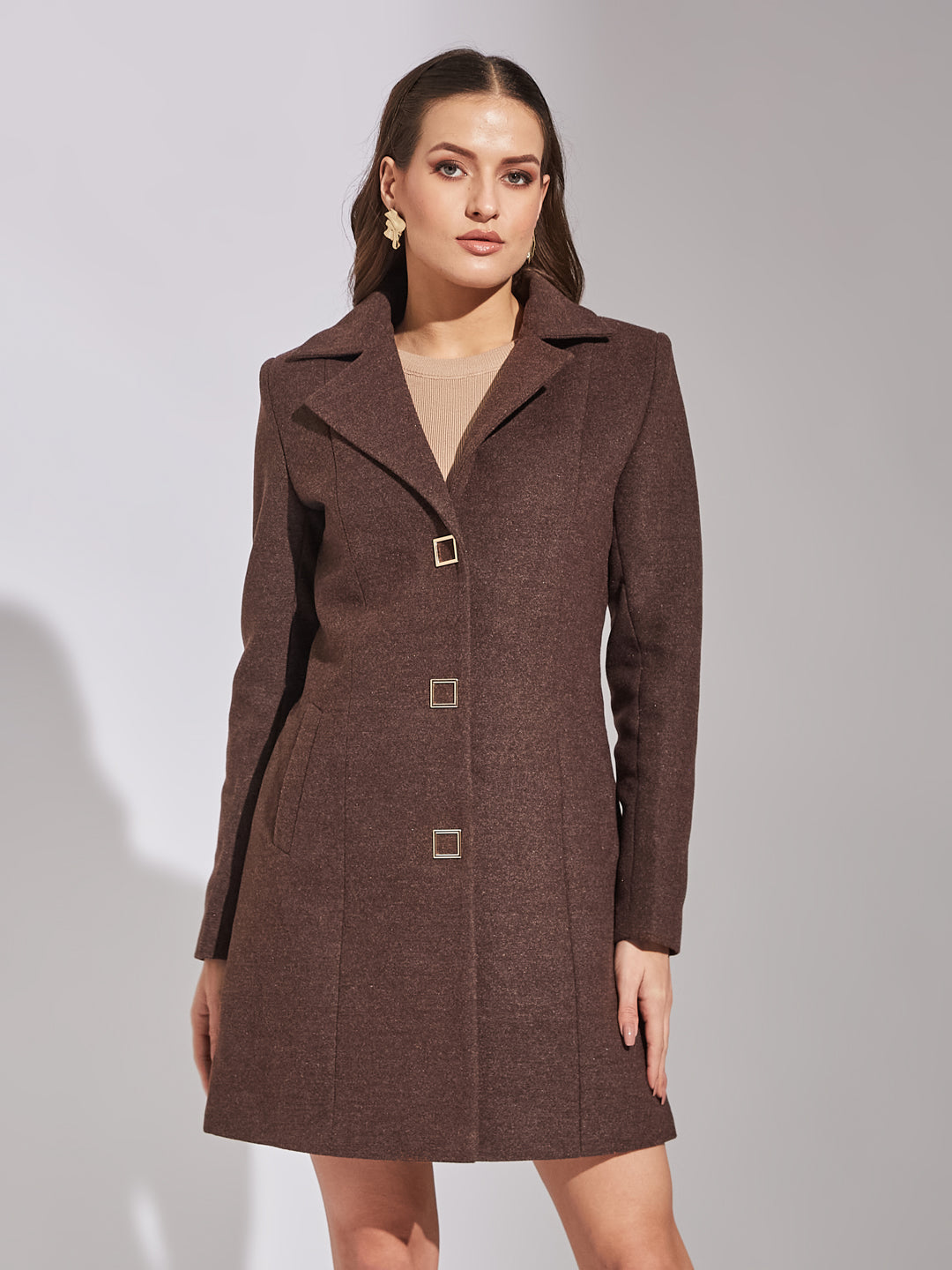 Latin Quarters Women Brown Solid Lapel Collar Full Sleeve Casual A-Line Coat