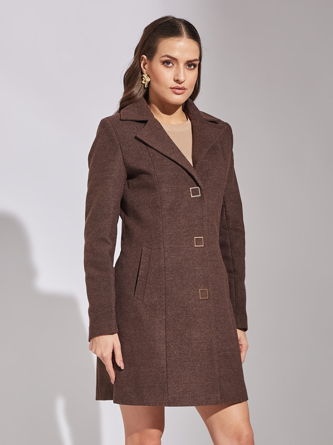 Latin Quarters Women Brown Solid Lapel Collar Full Sleeve Casual A-Line Coat