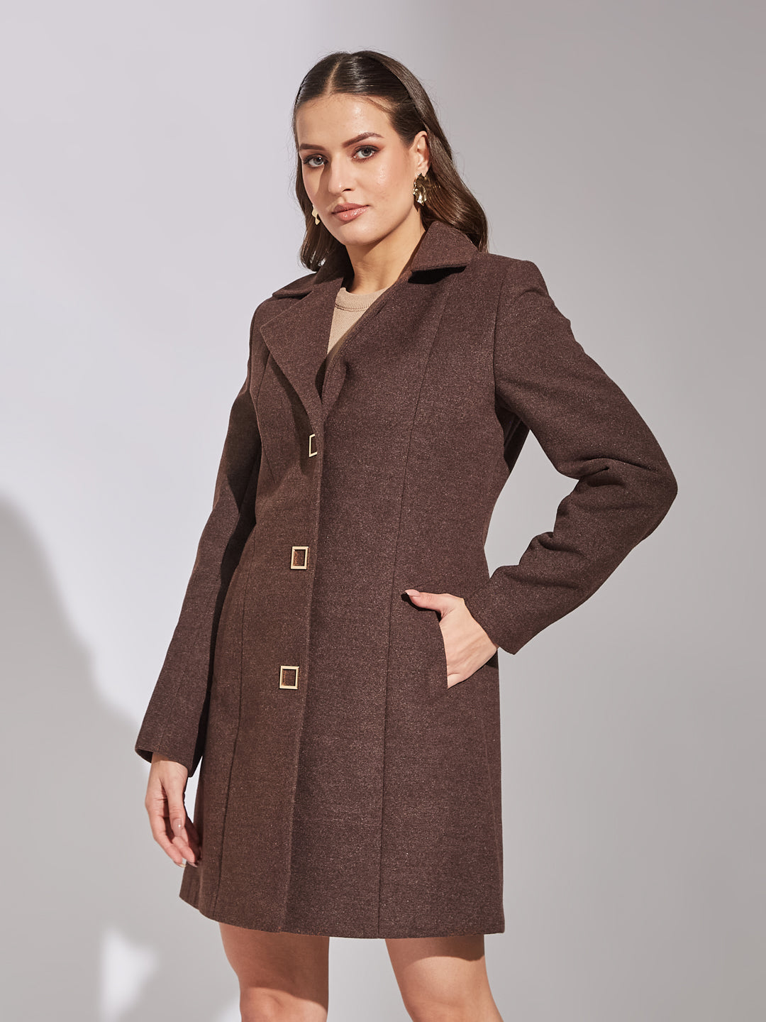 Latin Quarters Women Brown Solid Lapel Collar Full Sleeve Casual A-Line Coat