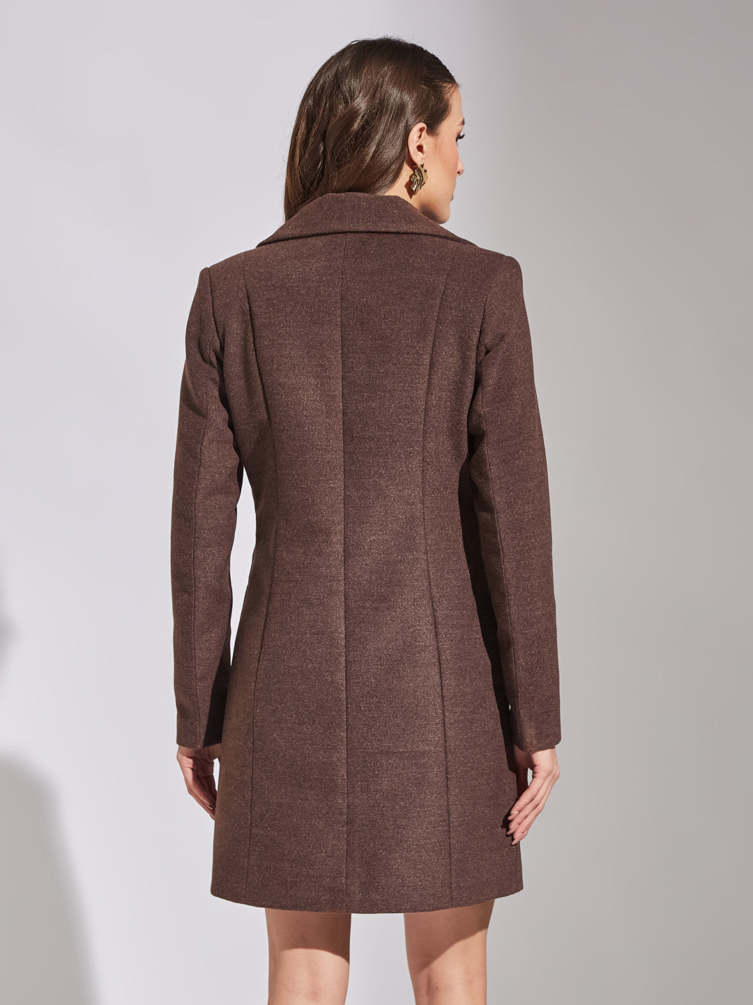 Latin Quarters Women Brown Solid Lapel Collar Full Sleeve Casual A-Line Coat