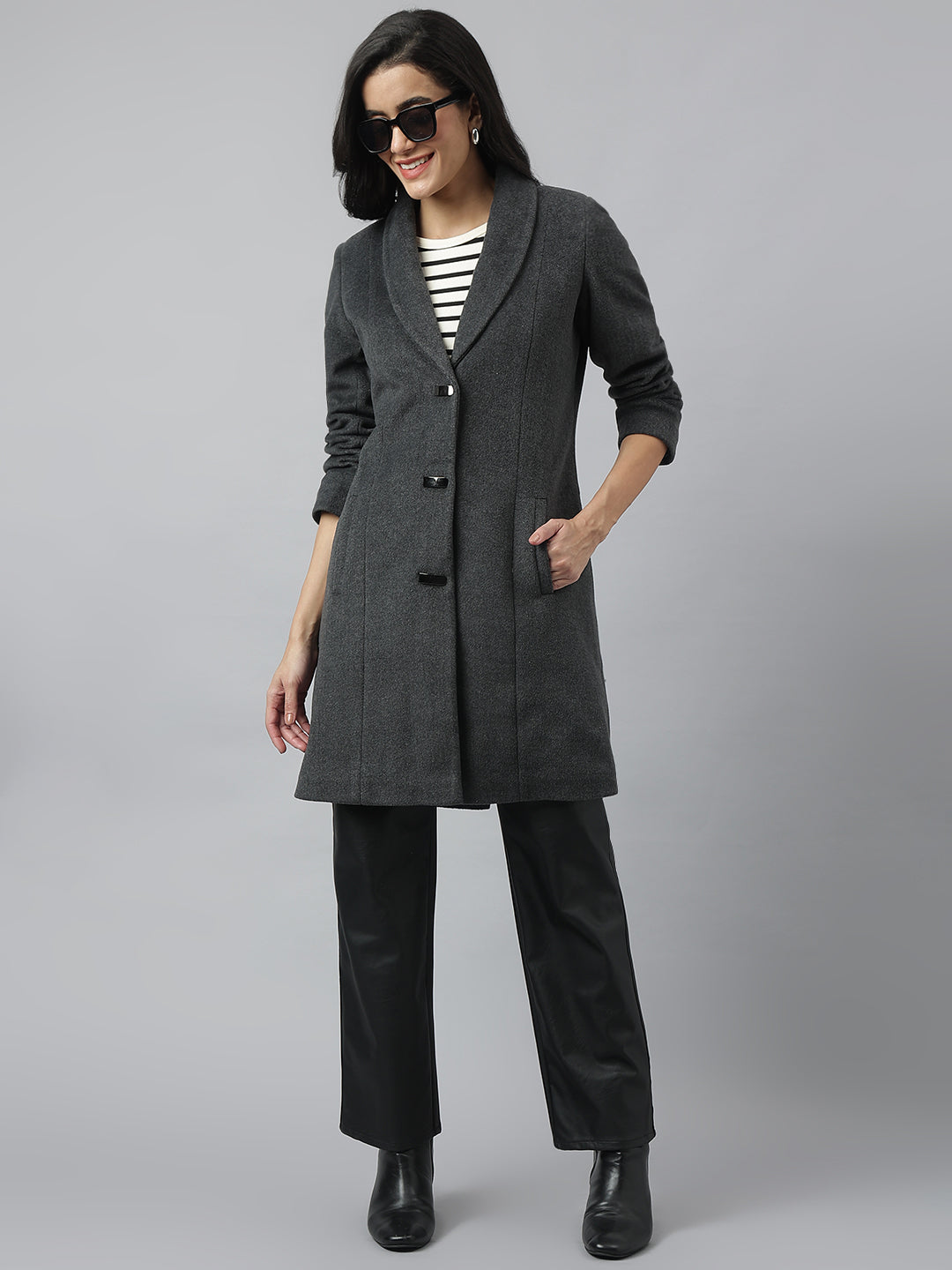 Grey Full Sleeve Collared Neck Solid Above Knee Coat For Casual Wear